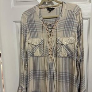 Express Cream and Blue Plaid Lace-Up Top